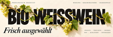 Schriftzug Bio-Weisswein an dem sich Reben schlängeln