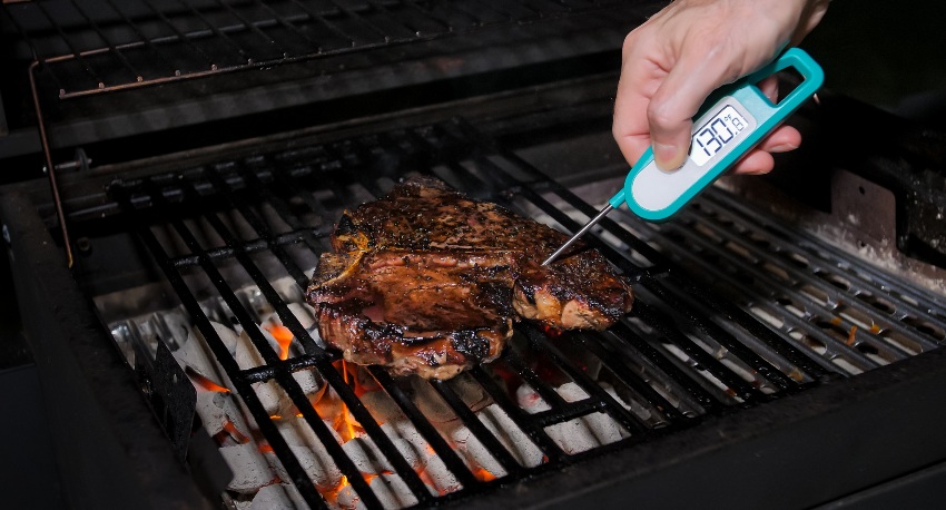 Jemand prueft die Kerntemperatur eines Steaks mit einem Thermometer - Welcher Wein zu Steak?